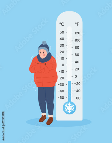 Cold boy stands near huge thermometer flat style, vector illustration photo