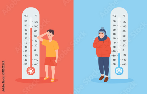 Boys and huge thermometers flat style, vector illustration