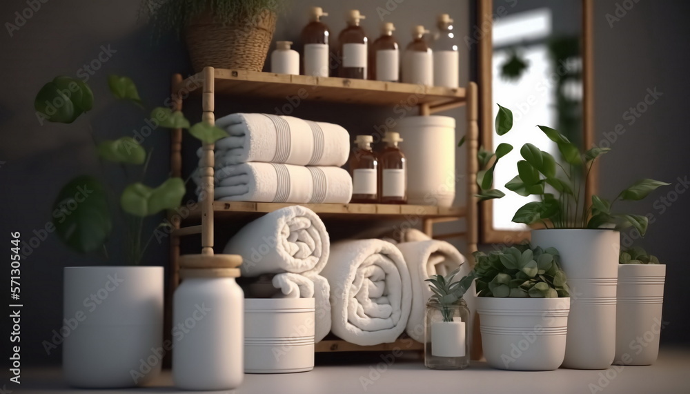 Fototapeta premium Clean towels with a soap dispenser on a shelf in the bathroom.