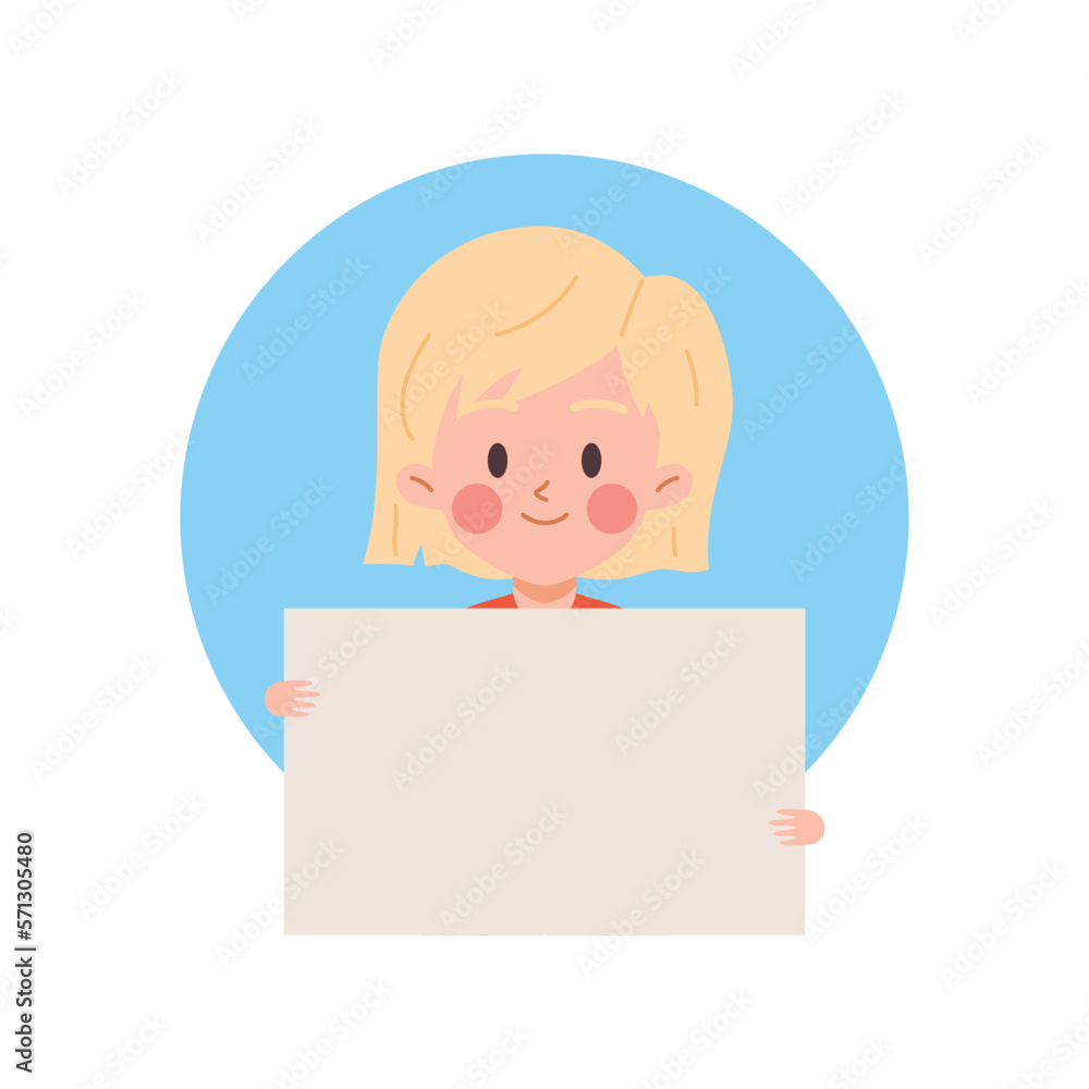 Smiling adorable girl holding blank banner in her hands, flat vector isolated. Smiling adorable girl holding blank banner in her hands, flat vector isolated.