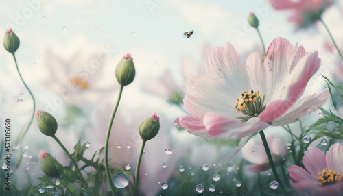 Fields of Beautiful Spring Flowers, Floral Field with Delicate Flowers and Green Foliage - Generative AI