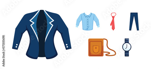 Blue suit or jeans, blue long-sleeved shirt, red tie, blue trousers or jeans, brown crossbody bag or leather bag, wrist watch,Men fashion and set men accessories isometric vector concepts.
