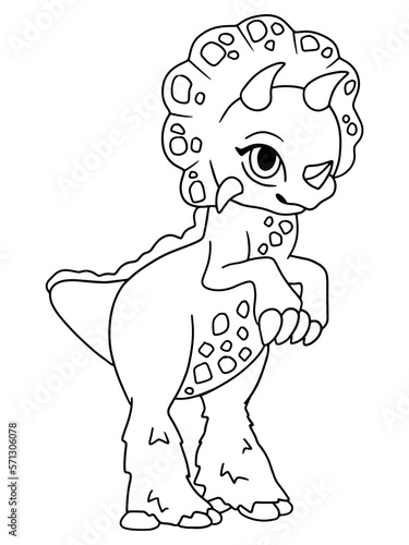 Triceratops young stands on its hind legs. Children coloring book, black lines on a white background.