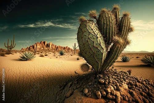 Cactus on the dry desert land. Generative AI
