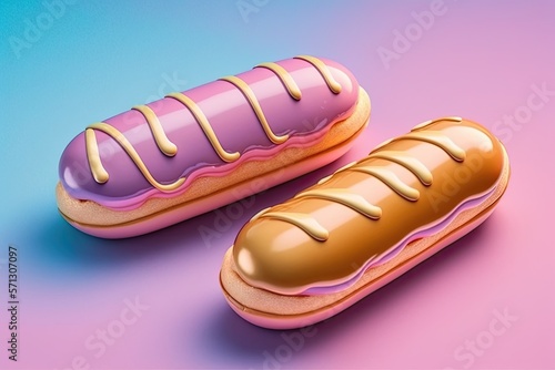 French dessert eclairs with icing. Sweet homemade cake. Colored background. Generative AI