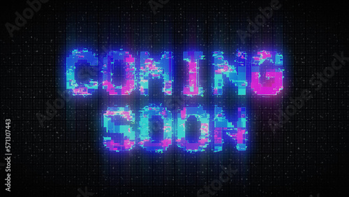 COMING SOON text with glitch background concept for video games screen.