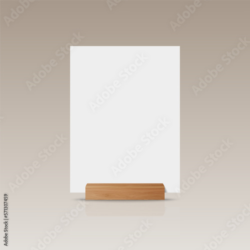 Vector 3d Realistic White A4 Vertical Empty Blank Paper Sheet, Card on Wooden Holder, Stand Icon Closeup. Design Template for Mockup, Menu Frame, Booklets. Acrylic Tent Card. Front, Side View
