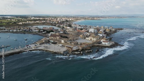 Aerial view of Marzamemi, a small town along the Ionian Sea coastline, Pachino, Syracuse, Sicily, Italy.