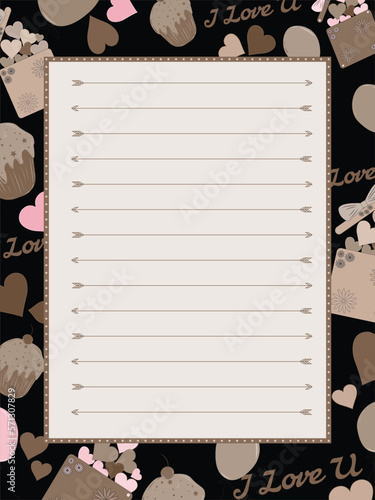 Vector illustration of letter page, template card, note paper, invitation , greeting, wedding card design. colorful cupcake, balloons, gift box, hearts and i love msg decorated on black background.