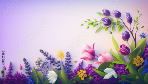 Spring Flowers on a Gradient Background with Soft Purples, Pinks, Whites, and Greens - Generative AI