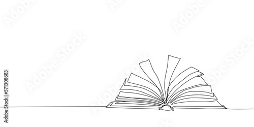 Open book Y shaped, notebook, journal one line art. Continuous line drawing of book, library, education, school, study, literature, paper, textbook, knowledge, read, learn, page, reading.