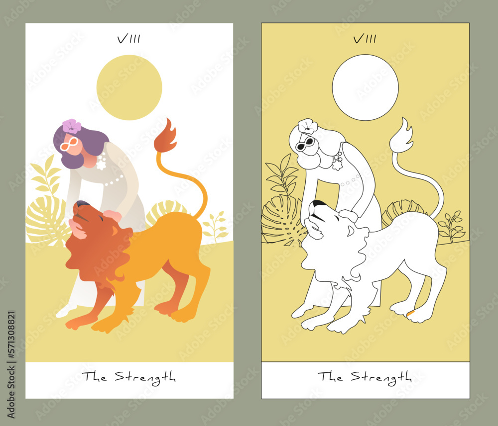 Fototapeta premium Major Arcana Tarot Cards. Stylized design. The Strength. Beautiful and young girl caressing a domesticated lion