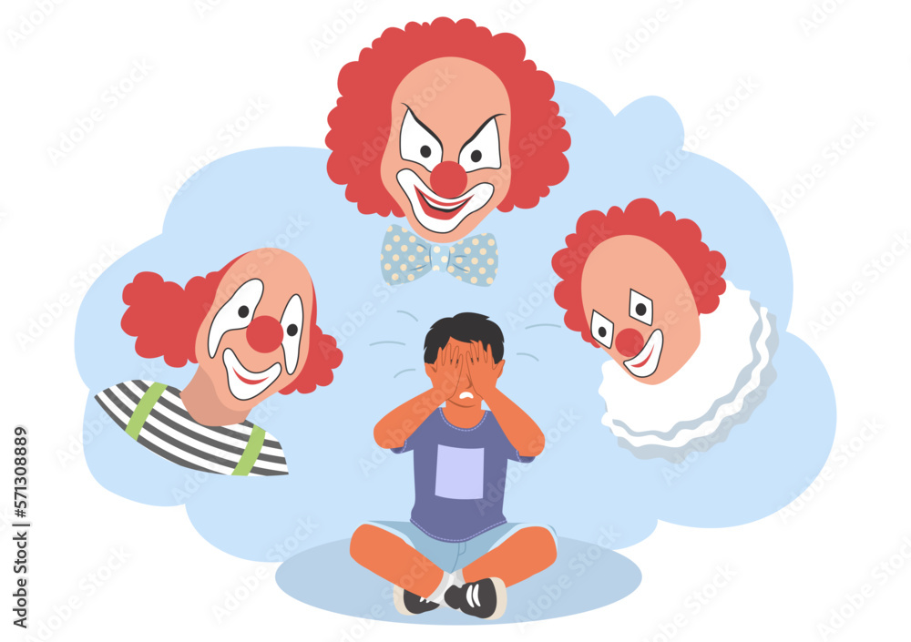 Child fears vector little boy afraid of clowns Child fears vector little boy afraid of clowns