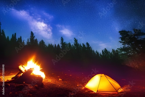 Camping fire under the amazing blue starry sky with a lot of shining stars and clouds. Travel recreational outdoor activity concept - generative ai