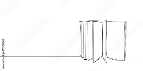 Open album in vertical position, many pages one line art. Continuous line drawing of book, library, education, school, study, literature, paper, textbook, knowledge, read, learn, page, reading.