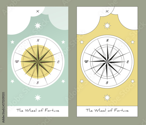 Major Arcana Tarot Cards. Stylized design. The Wheel of Fortune. Compass rose, clouds and stars.