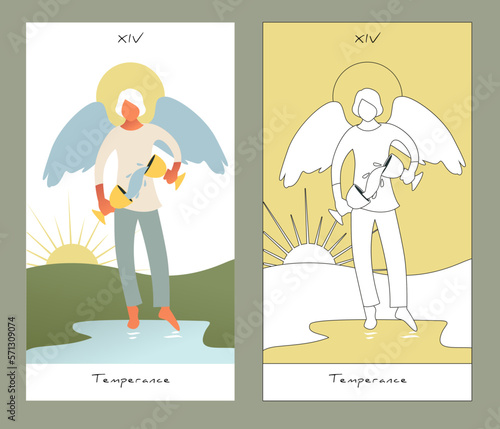 Major Arcana Tarot Cards. Stylized design. Temperance. Angel with appearance and clothes of young man, great wings, hair fair, pouring water from one jug to another