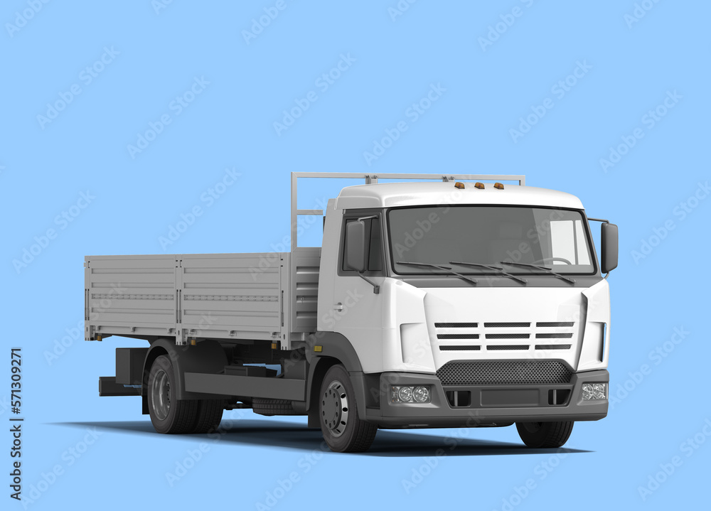 white flatbed truck template isolated on white for car branding and advertising 3d render on blue gradient