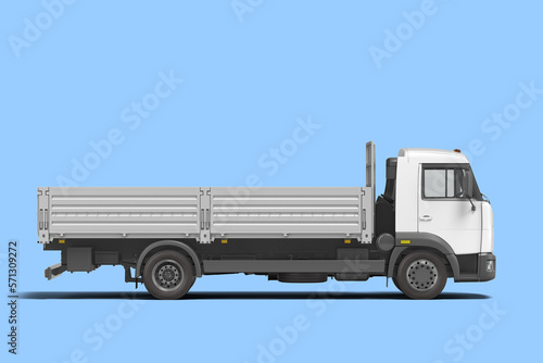 white flatbed truck template isolated on white for car branding and advertising side view 3d render on blue gradient