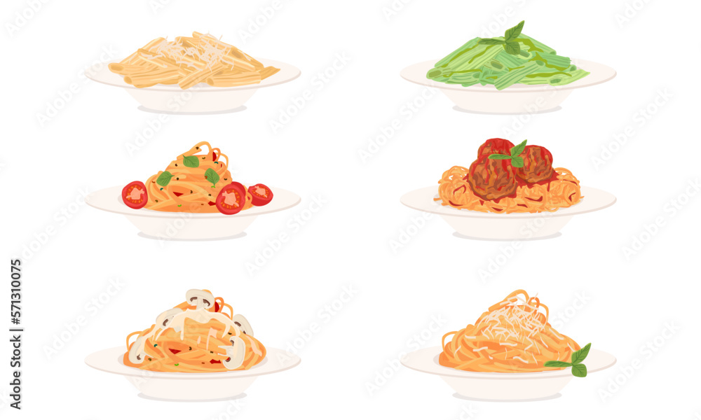 Pasta assortment set. Penne with basil and pea sauce, penne with cheese, penne with tomato sauce, spaghetti with meatballs, spaghetti with mushrooms. Pasta assortment set. Penne with basil and pea sauce, penne with cheese, penne with tomato sauce, spaghetti with meatballs, spaghetti with mushrooms.