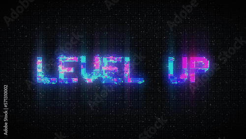 LEVEL UP text with glitch background concept for video games screen.
