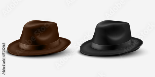 Vector 3d Realistic Brown and Black Vintage Classic Gentleman Black Hat, Cap Set Closeup Isolated on White Background. Front, Half Turn View. Unisex Hat Design Template. Vector Illustration