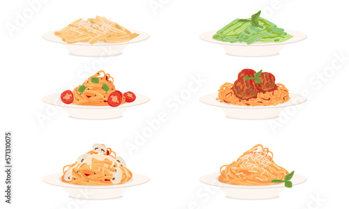 Pasta assortment set. Penne with basil and pea sauce, penne with cheese, penne with tomato sauce, spaghetti with meatballs, spaghetti with mushrooms.