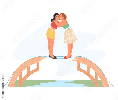 Happy female friends reconciliation gesture flat vector