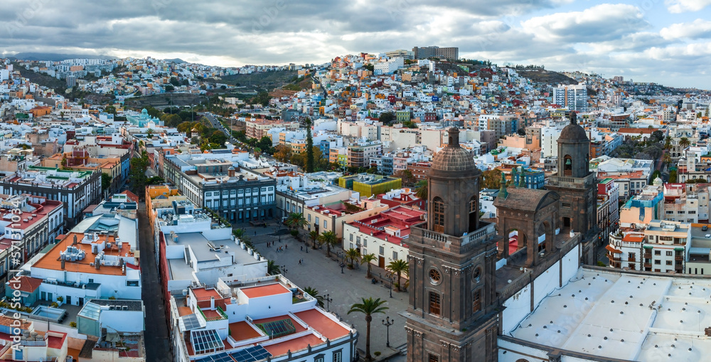 Panoramic aerial view of Las Palmas de Gran Canaria and Las Canteras beach at sunset, Canary Islands, Spain.