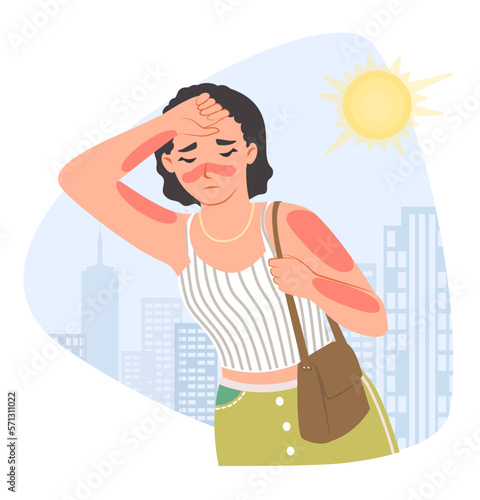 Thirsty young woman sunburn on city street vector