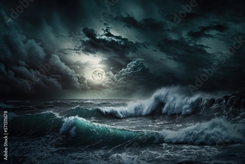 Storm over the ocean, big waves dramatic night sky and clouds, generative ai