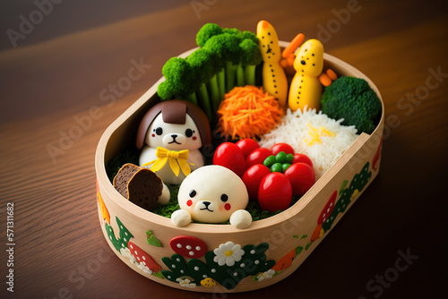 Character bento, also known as kyaraben or charaben, is a type of lavishly organized bento that includes food that has been adorned to resemble humans, animals, and plants. Generative AI photo