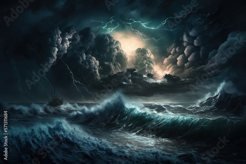 Storm over the ocean, big waves dramatic night sky and clouds, generative ai