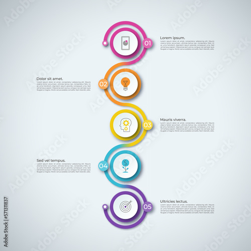 Vector timeline infographic template with 5 steps. Can be used for web design, diagram, step options, chart, graph, business infographics.