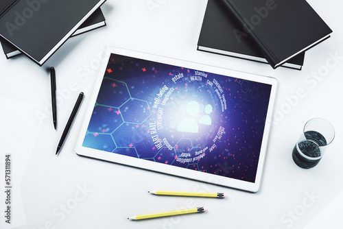 Creative concept of people icons on modern digital tablet screen. Life and health insurance concept. Top view. 3D Rendering