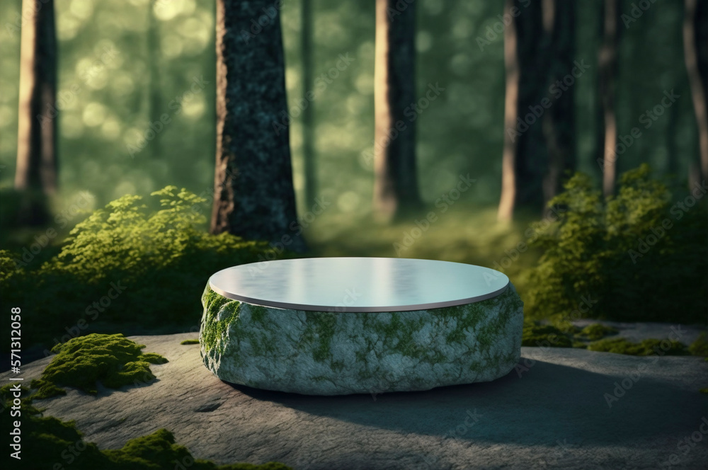 Grey stone podium on the background of autumn forest. Created with Generative AI technology. Grey stone podium on the background of autumn forest. Created with Generative AI technology.