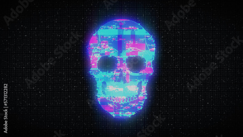Human Skull on Digital Old TV Screen, Glitch Noise Pixel Interference