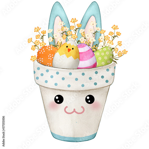 Watercolor cute bunny pot full of decorated eggs