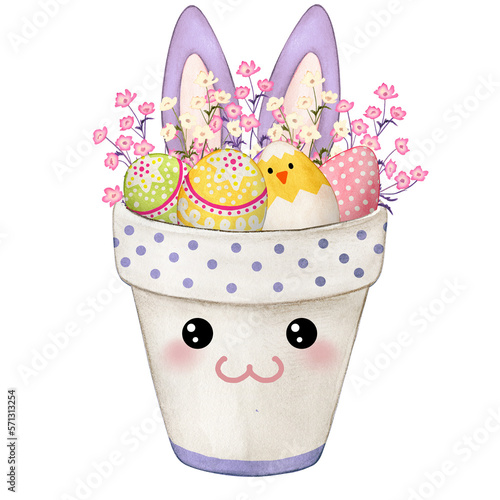 Watercolor cute bunny pot full of decorated eggs