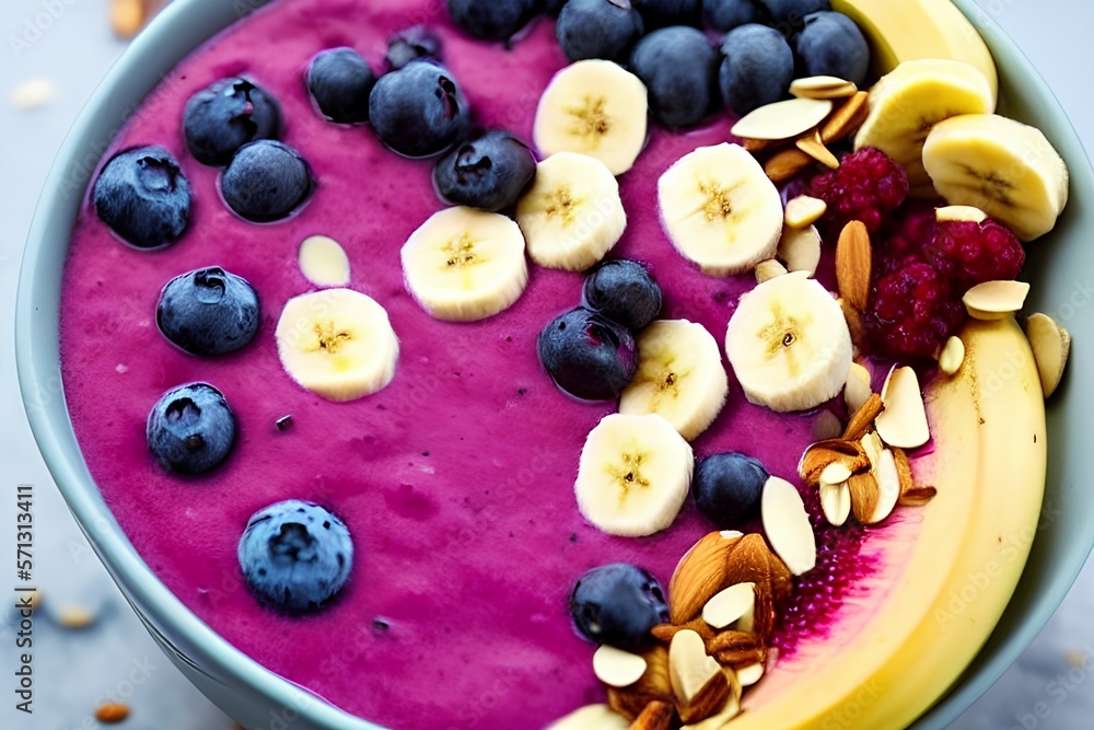 Healthy breakfast bowl: blueberry smoothie with banana, raspberry, pitaya, blackberry, almonds, sunflower and chia seeds - generative ai