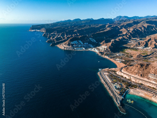 Aerial view of the Amadores beach on the Gran Canaria island in Spain. The most beautiful beach on the Canary islands. © Aerial Film Studio
