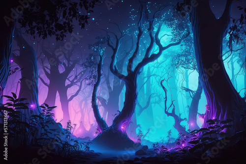 Fairy forest at night  fantasy neon glowing flowers and lights.  ai generated 