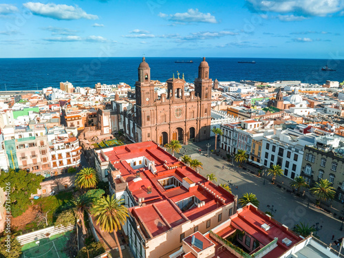 Landscape with Cathedral Santa Ana Vegueta in Las Palmas, Gran Canaria, Canary Islands, Spain. Aerial sunset view of the Las Palmas city. photo