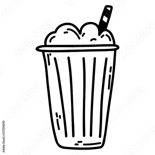 Paper cup with cream and straw. Doodle hand drawn vector illustration of cold drink, icon, design element