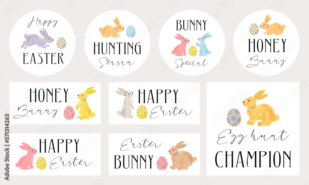 Easter badges and labels vector design elements set with cute bunnies and eggs. Lettering Happy Easter, Eggs hunt, Happy Easter.