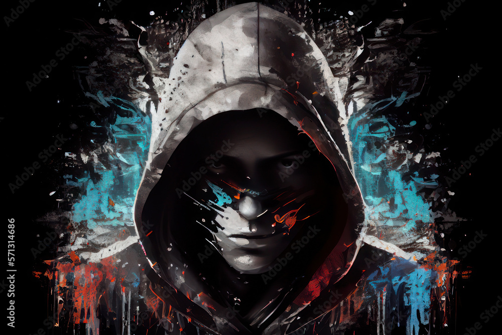 Abstract hooded hacker with hidden face, Technology cyberpunk ...