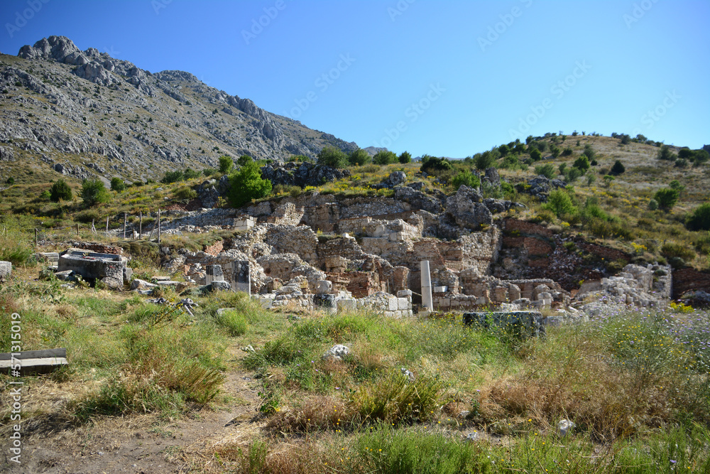 ruins of ancient town Sagalassos on the top of mountain in sunny day, Turkey