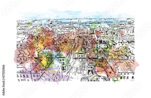 Building view with landmark of Poznan is a city of Poland Watercolor splash with Hand drawn sketch illustration in vector.