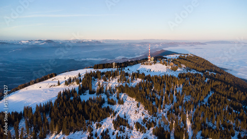 Aerial view of the mountain plateau of the Schöckl mountain near Graz on a beautiful winter evening