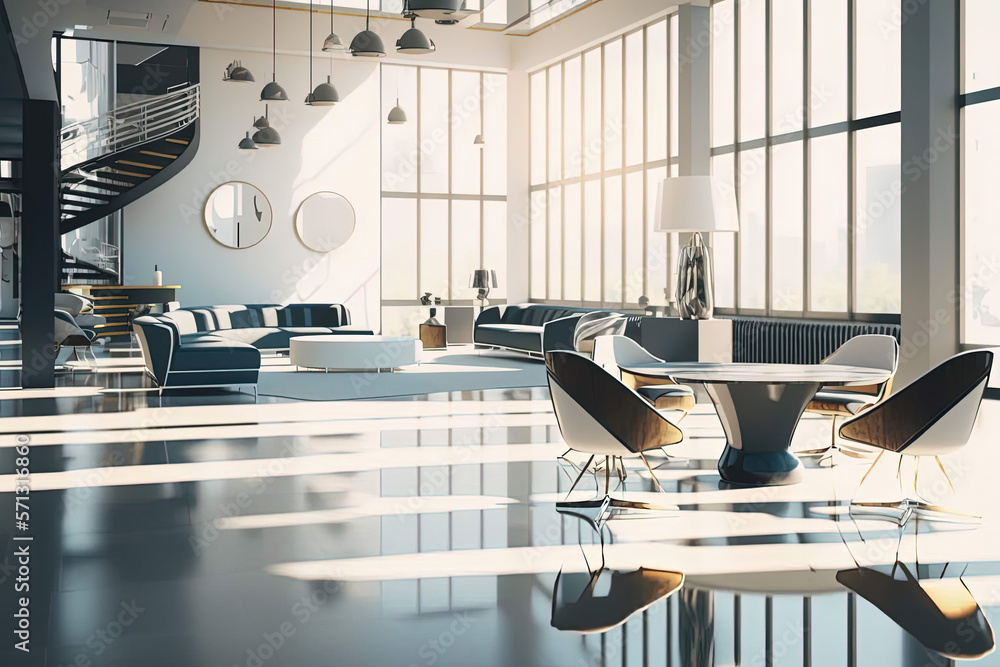 Mid Century Modern Office Interior Design - AI Generated Stock